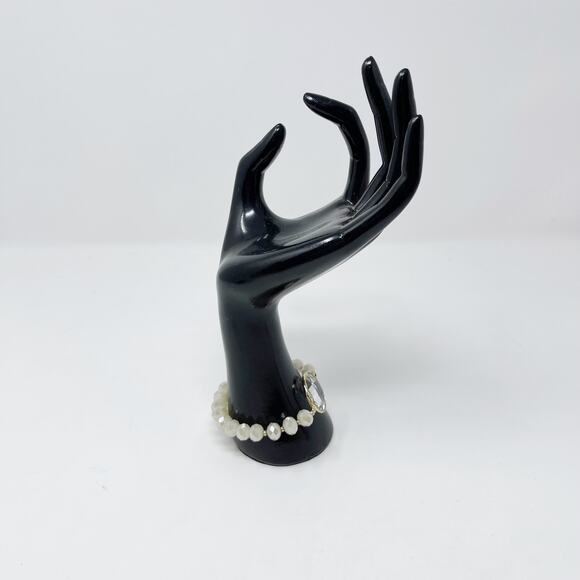 Cream Beaded Stretch Bracelet with Clear Gemstone Charm Fashion Statement - Picture 7 of 8